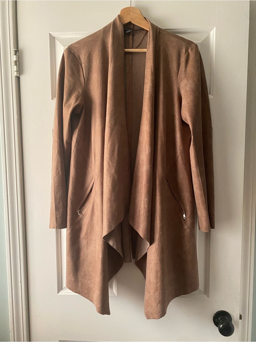 HYFVE Tan Faux Suede Draped Open-Front Trench Coatigan